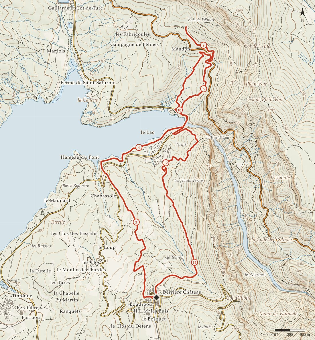 Carte topographique d’Aiguines et du lac de Sainte-Croix, la boucle tracée en rouge